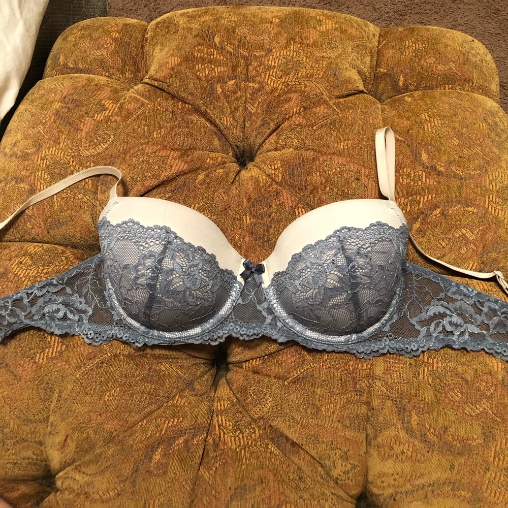 White bra, with blue lace